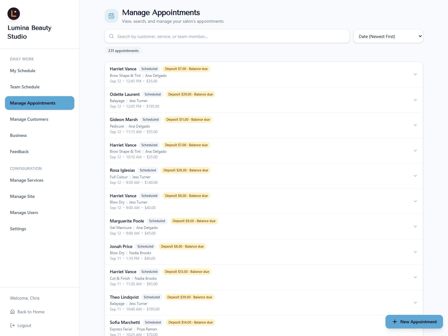 Appointments management — every booking with deposit and payment status