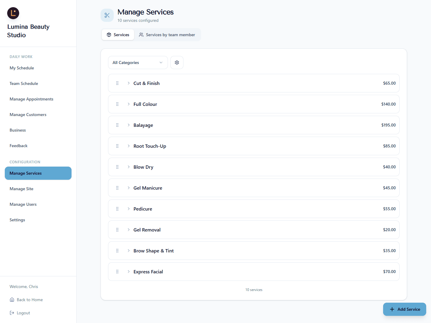Service menu management — build, price, and organize your services