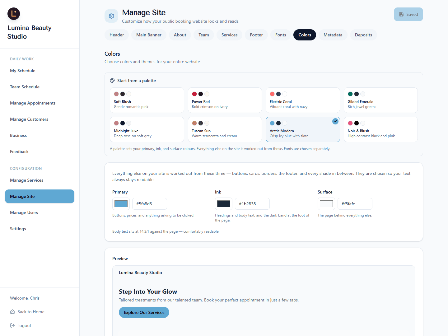 Site customization — colours, fonts, photos, and copy