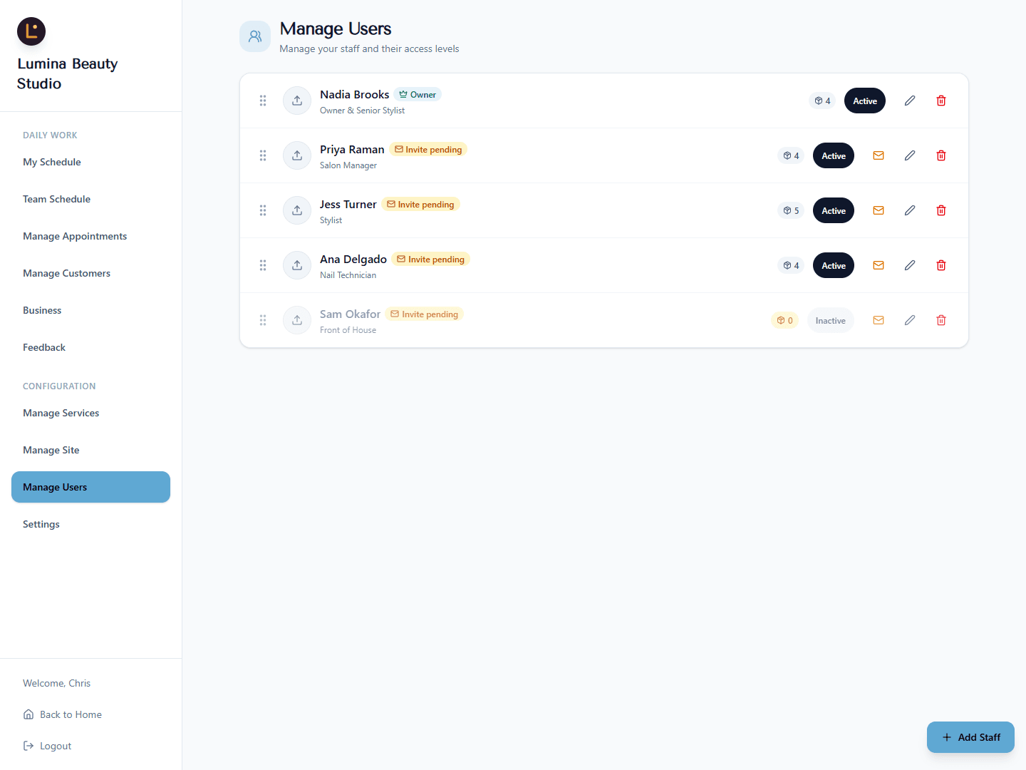 Team management — add stylists, set roles, and manage availability
