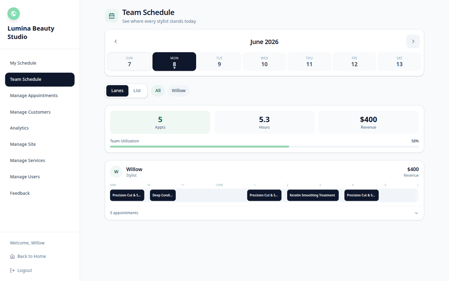 Salon management dashboard — customize branding, staff, and services